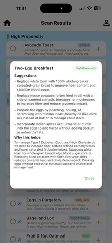 DietMaze swappable ingredient suggestions screen
