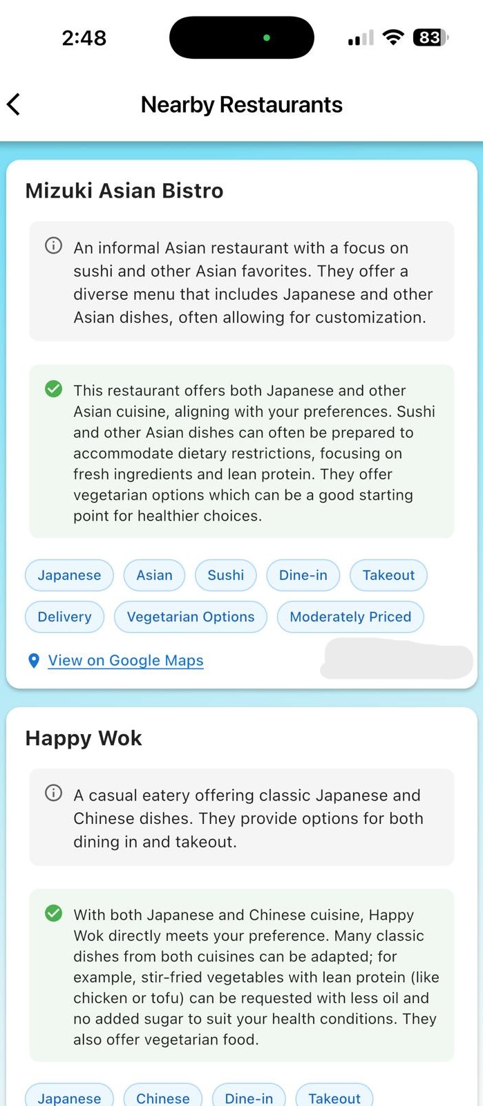 DietMaze nearby restaurants results screen