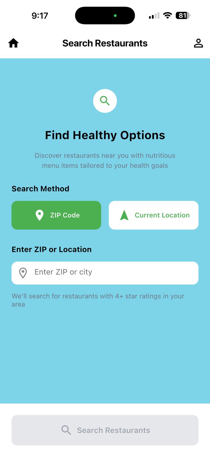 DietMaze restaurant search screen