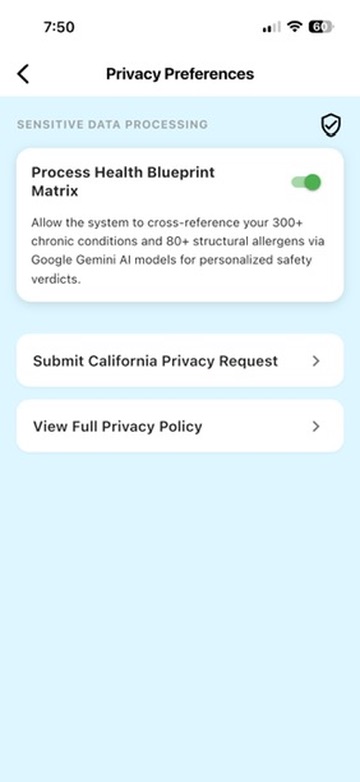 DietMaze privacy preferences screen